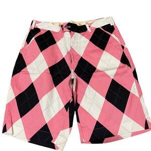 Loudmouth Golf Shorts Men’s Size 36 Pink Black White Argyle Diamond